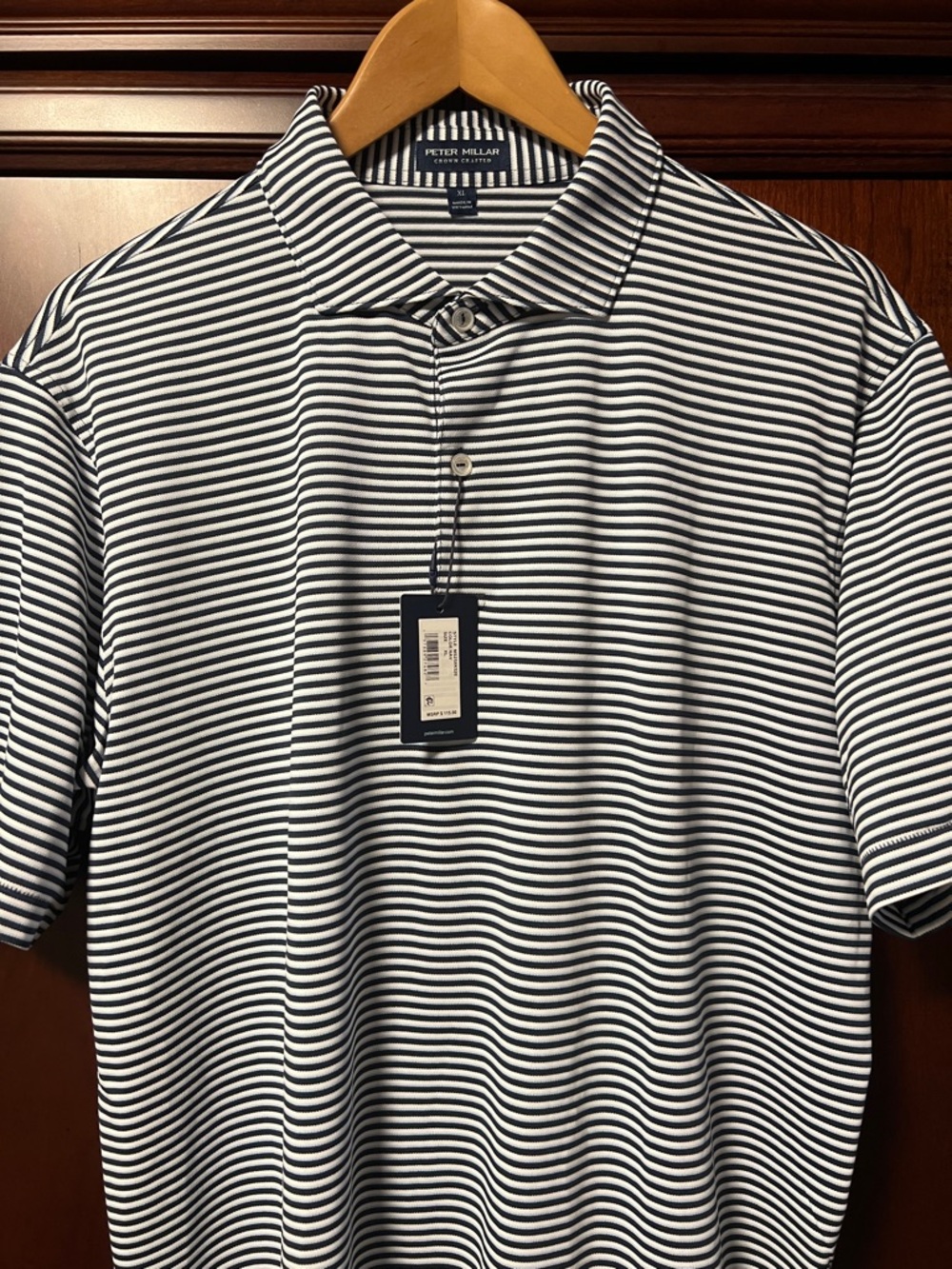 Brand New Peter Millar Crown Crafted Stretch Classic Navy & White Striped Polo!